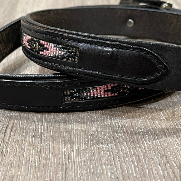 Handmade Colorado Leather Goods 36W Black Belt Silver Buckle Beaded Accent Belt - Picture 2 of 9